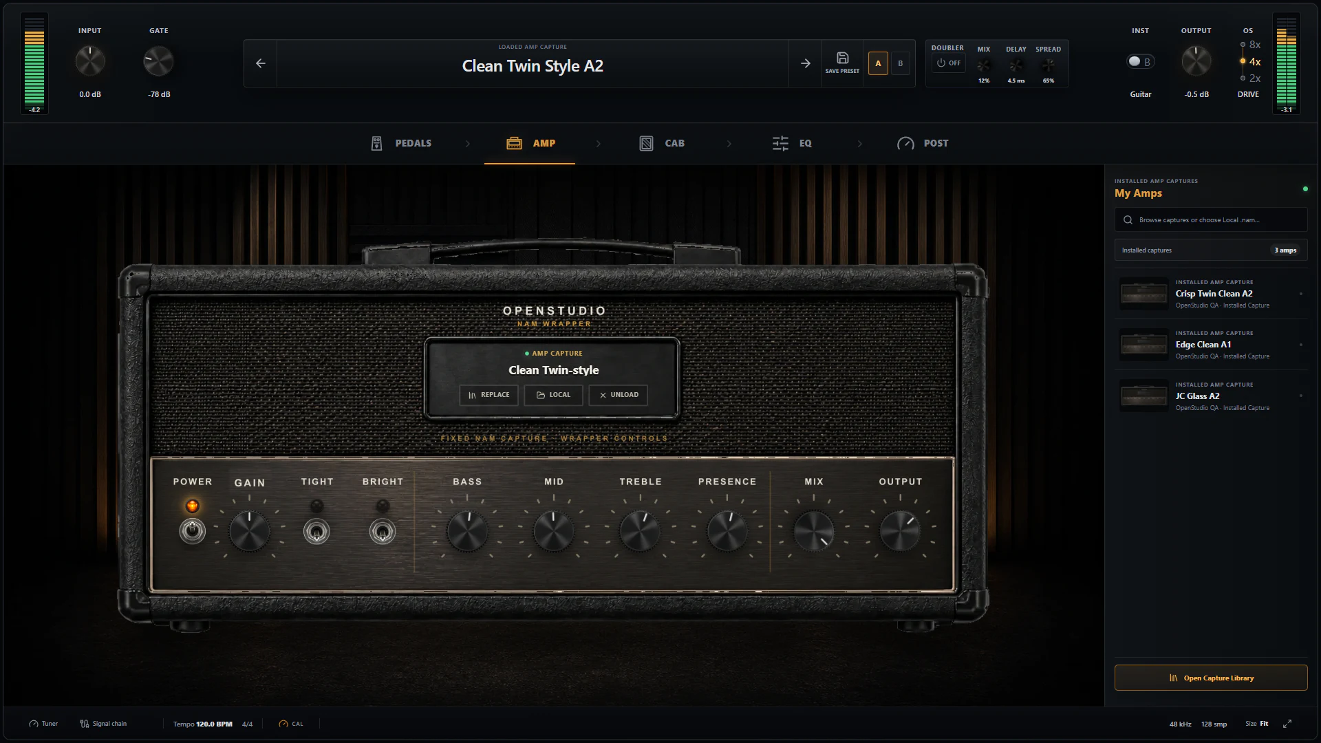 OpenStudio NAM Rack amp view with an A2 capture loaded and the installed capture library open