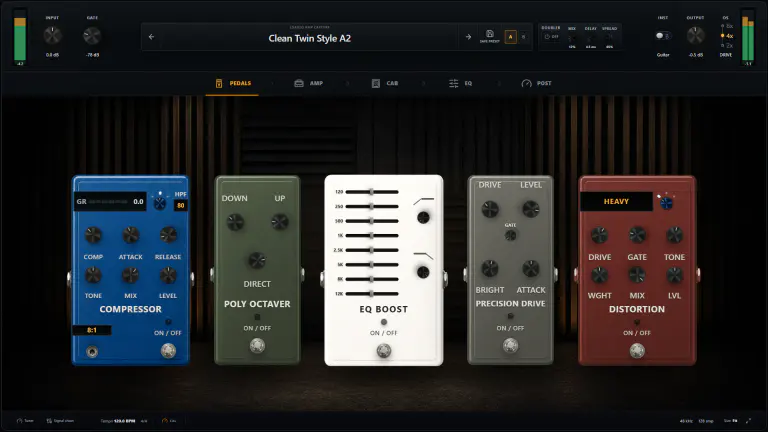 OpenStudio NAM Rack Pedals page with Compressor, Stereo Poly Octaver, PRE EQ, Precision Drive, and Distortion