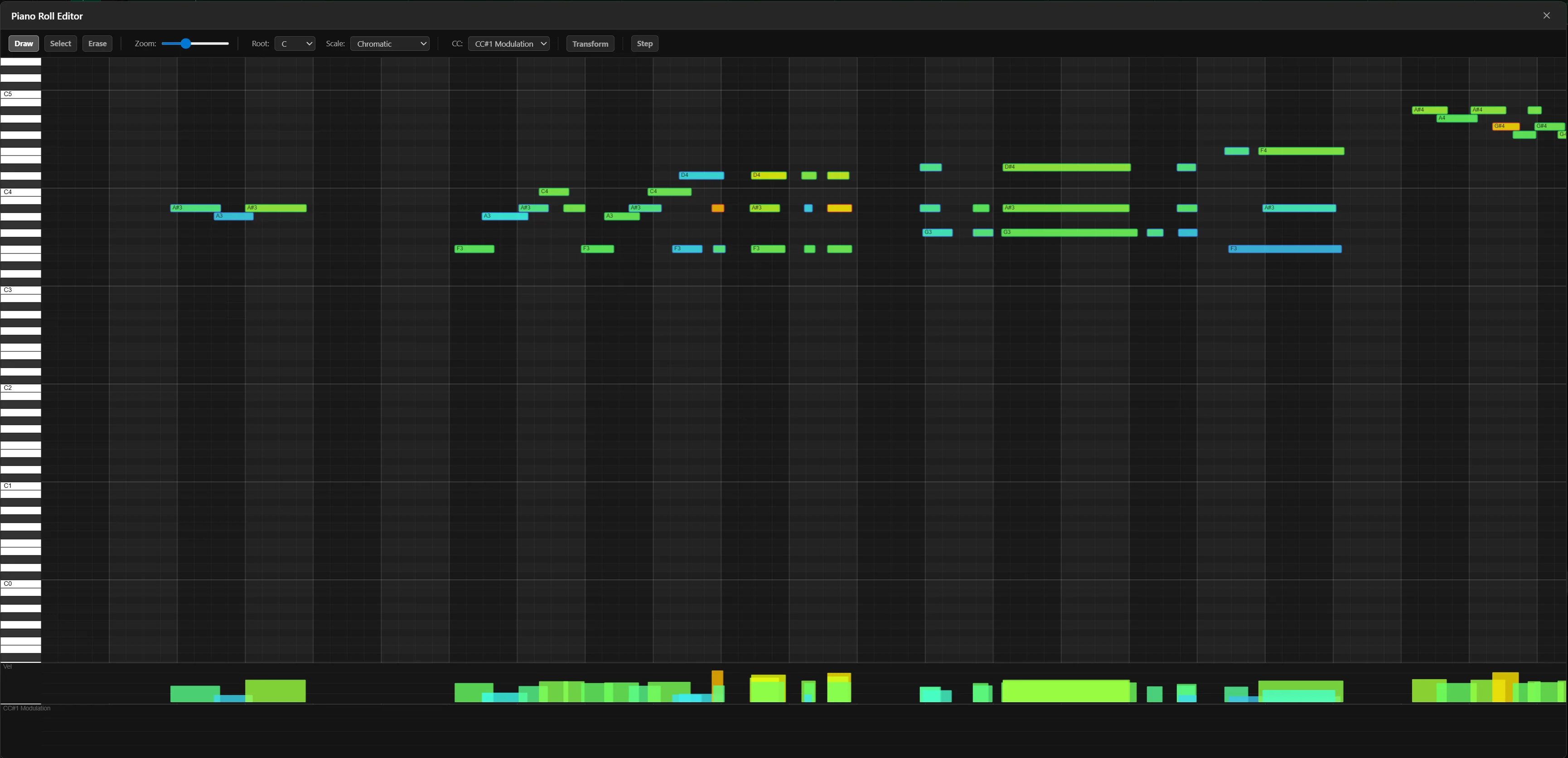 The OpenStudio piano roll with the note grid, velocity lane, and keyboard