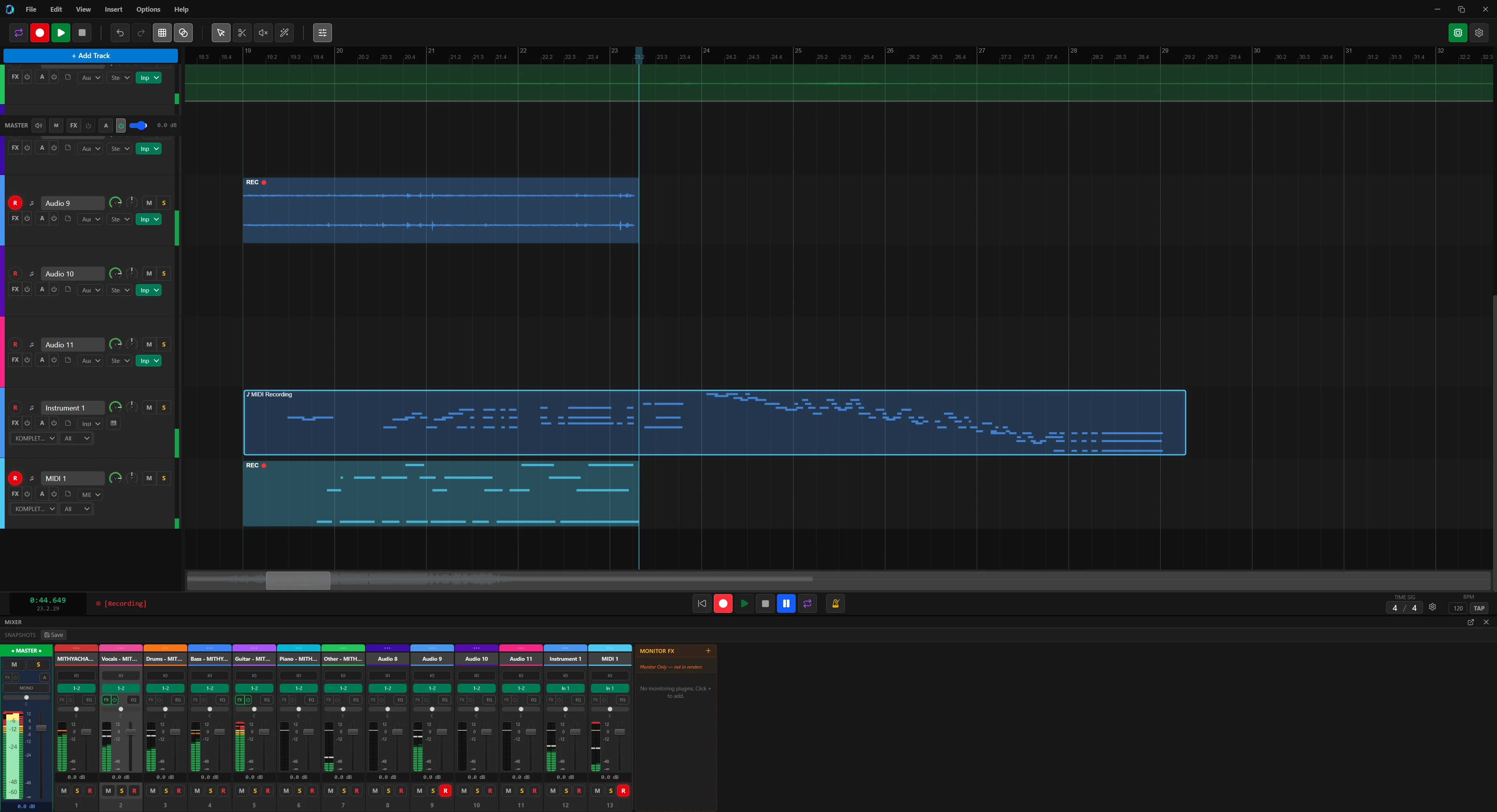 An armed audio track with input monitoring on, recording a take